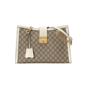 BORSA A SPALLA PADLOCK MEDIA IN TESSUTO LOGO GG SUPREME COLORE EBANO/BEIGE/BIANCO